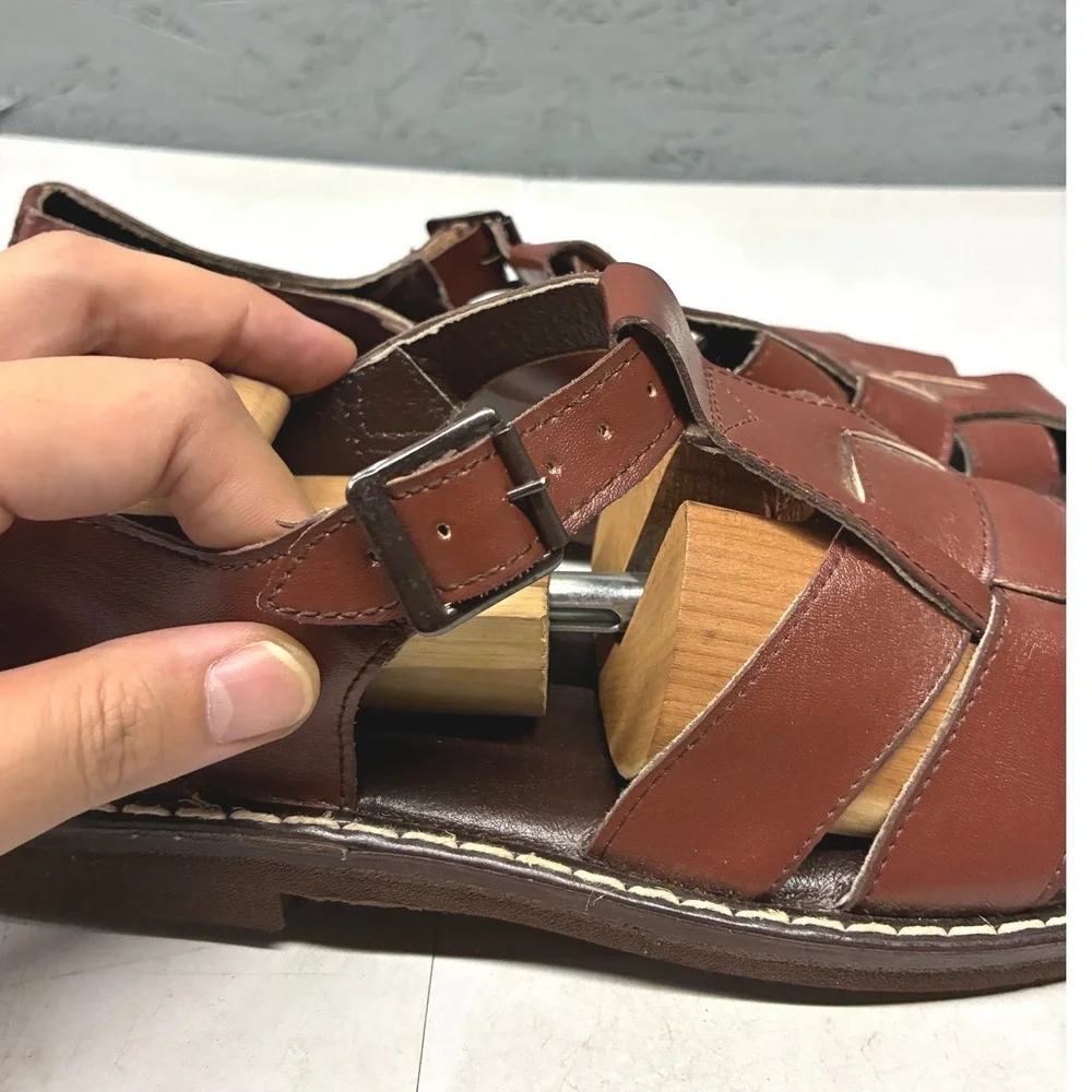 Neptun Fisherman Woven Leather Sandals Mens 7 Brown Vintage Made in Poland Shoes